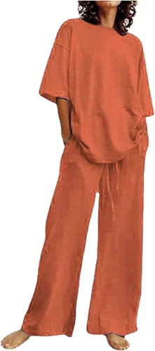 Miniatura 27 de Conjuntos de verano de 2 piezas para mujer, conjuntos elegantes y casuales de color liso, para verano, otoño, cuello redondo, tops y pantalones