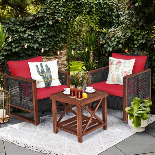 Miniatura 2 de Tangkula Juego de muebles de mimbre de 3 piezas, juego de sofá de ratán para exteriores con cojín lavable y mesa de centro de madera de acacia, Rojo