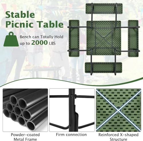 Miniatura 5 de Giantex Juego de mesa de picnic para 8 personas, mesa y banco al aire libre con agujero para paraguas, parte superior de polietileno de alta Verde