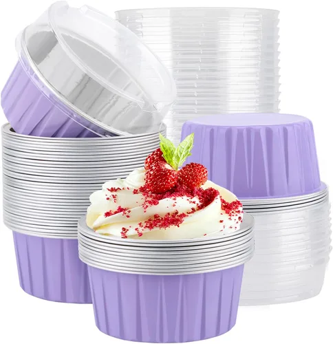 Miniatura 16 de EUSOAR Tazas de aluminio para hornear, paquete de 30 tazas de 5 onzas para cupcakes con tapas, moldes de pastel de 4.2 fl oz, flanes de postres, Azul