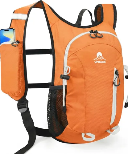 VPBAGE Mochila de senderismo pequeña con soporte frontal para teléfono, mochila plegable con correa de pecho y cintura, Naranja-, Pequeño, Mochilas