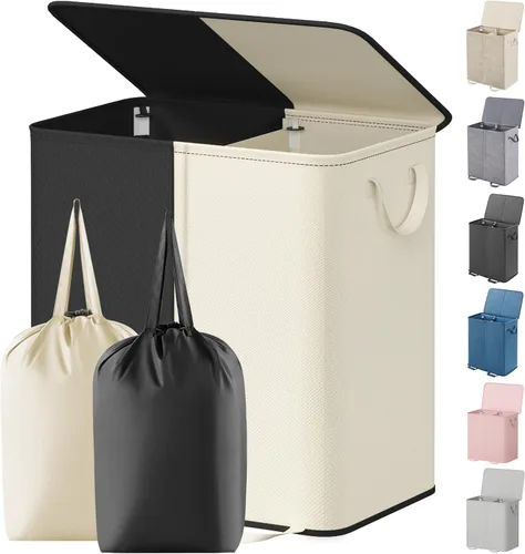 Miniatura 20 de Lifewit Cesta de lavandería doble con tapa y bolsas de lavandería extraíbles, gran plegable, 2 divisores, cesta de ropa sucia con asas para Negro