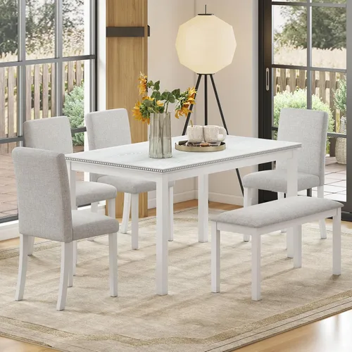 Miniatura 14 de Zevemomo Juego de mesa de comedor de madera maciza de 6 piezas, incluye 1 mesa de comedor, 4 sillas tapizadas y 1 banco, juego de mesa de comedor