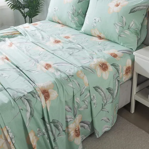 Miniatura 108 de FADFAY Juego de sábanas tamaño King, 100% algodón, elegante ropa de cama de granja con hojas verdes menta y flores blancas, sábana suave