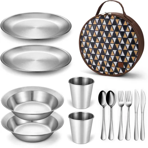 Odoland Juego de utensilios de cocina de acero inoxidable para acampar para familia y persona, cubiertos de vajilla de cocina con platos, tazones,