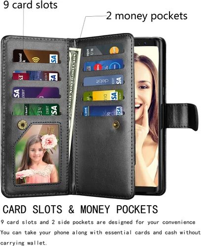 Miniatura 2 de NJJEX Funda para Galaxy Note 8, para Note 8, piel sintética [9 ranuras para tarjetas] Funda con tapa para tarjeta de crédito de identificación Negro