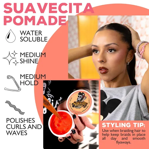 Miniatura 7 de Suavecita - Pomada para mujer, lata de 2.3 onzas, sujeción media, alto brillo, a base de agua, sin escamas como la cera, peinados de gel sin cabello