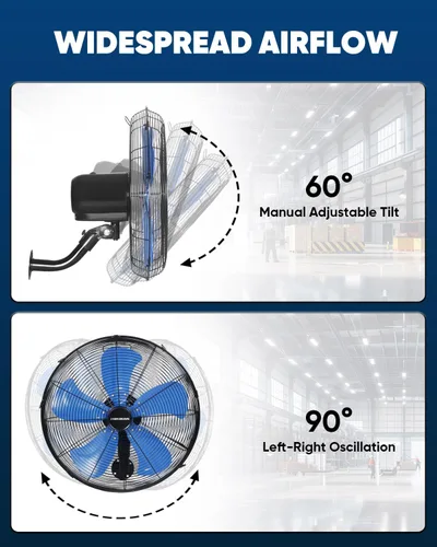 Miniatura 7 de KEN BROWN Ventilador oscilante industrial de alta velocidad de 18 pulgadas, 3 velocidades, ventilador de montaje en pared con máx. 4200 CFM