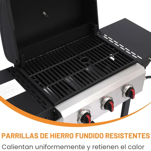 Miniatura 2 de Parrilla de gas propano con mesas laterales plegables, parrilla de gas de 3 quemadores con rejillas de hierro fundido y parrilla de acero