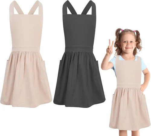 Miniatura 8 de Delantal con o sin pechera para niños, Delantal con espalda cruzada, Delantales con babero estilo japonés Ropa para el hogar Beige+gris