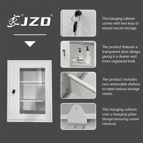 Miniatura 4 de JZD Gabinete de primeros auxilios de pared de metal con cerradura, caja de medicina con ventana acrílica bloqueable (no de vidrio), incluye 2