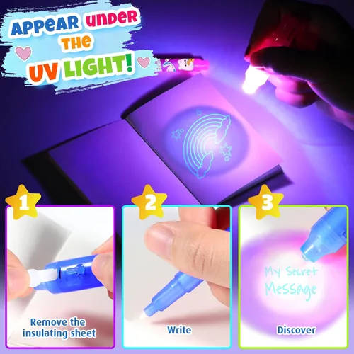 Miniatura 4 de GIFTINBOX Bolígrafo de tinta invisible con luz UV para niños, 12 bolígrafos espía para fiestas para niños de 8 a 12 años, marcador mágico
