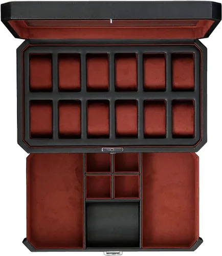 Caja de reloj con cajón de valet para hombres 12 ranuras, caja de reloj de lujo, organizador de exhibición, forro de microgamuza, soporte para