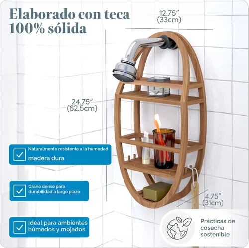 Miniatura 3 de AquaTeak Organizador patentado para la regadera Moa, ovalado, de teca, kit de cuidado de dos pasos