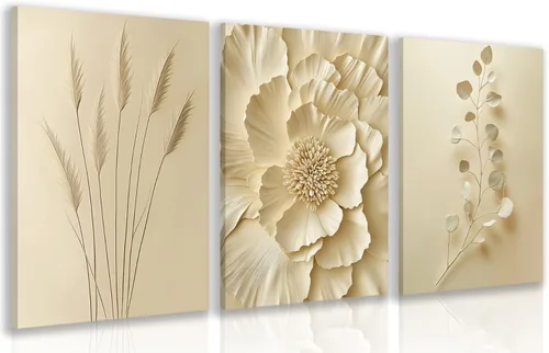 GELDSTEI - Arte de pared de lienzo beige neutro con flores, decoración de pared botánica moderna y minimalista, elegantes impresiones de póster de