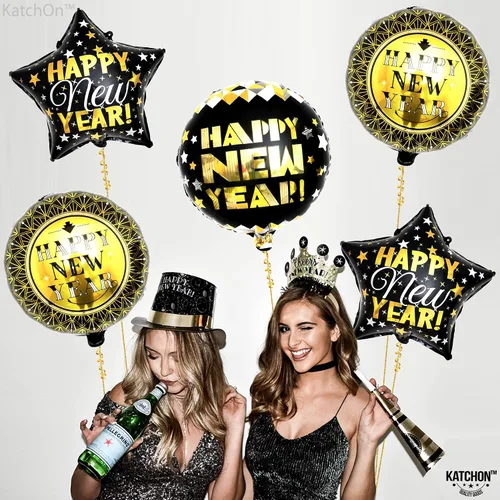 Miniatura 9 de KatchOn, Globos negros y dorados de Año Nuevo – 18 pulgadas, paquete de 5 Globos de feliz año nuevo para suministros de fiesta de Año Nuevo 2025