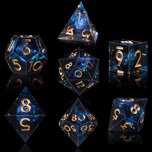 Miniatura 8 de AUSTOR Juego de dados DND de 7 troqueles de resina de borde afilado, dados poliédricos hechos a mano para juegos de mesa Dungeons and Dragons RPG