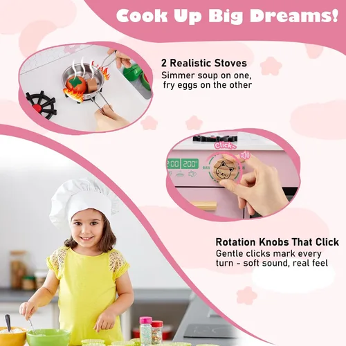 Miniatura 2 de Costzon Cocina de Juguete para Niños, Juguete de Cocina Montessori Little Chef con 2 Estufas, Perillas Giratorias, Grifo, Fregadero, Lavavajillas, 2