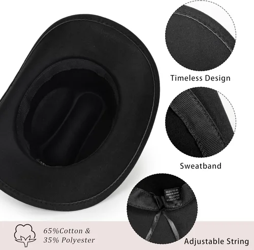 Miniatura 6 de Sombrero de vaquero clásico de fieltro occidental para mujeres y hombres de ala ancha con hebilla de cinturón (tamaño: mediano-grande)