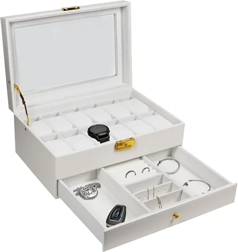 Ogrmar Cajas de almacenamiento de reloj de piel sintética con cerradura de 12 ranuras, para hombres y mujeres, estuche organizador de 2 niveles con