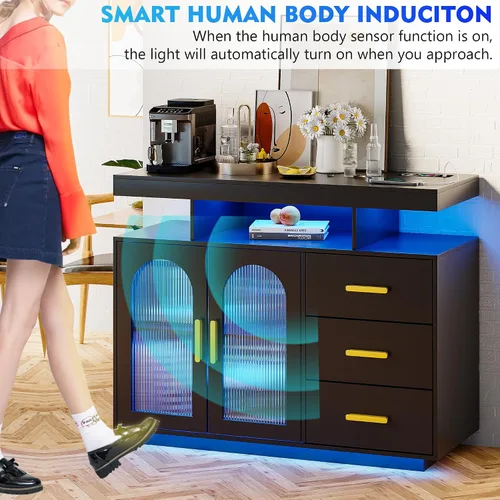 Miniatura 6 de Gabinete de buffet LED con estación de carga inalámbrica de 40 pulgadas, moderna mesa de aparador con RGB 24 colores regulables, estación de barra