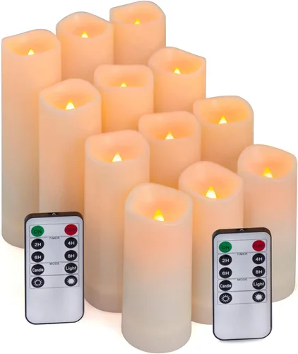 Aignis 12 velas LED sin llama que funcionan con pilas con temporizador remoto de 10 teclas, impermeable para interiores y exteriores, cálido brillo