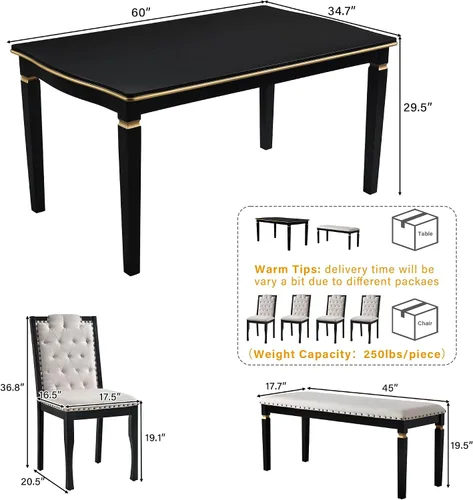 Miniatura 2 de Merax Juego de mesa de comedor de cocina de 6 piezas, mesa rectangular de 60 pulgadas con 4 sillas tapizadas con respaldo alto y 1 banco, patas