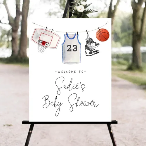 Letrero personalizado de bienvenida para baby shower de baloncesto, letreros deportivos florales para baby shower #7h50