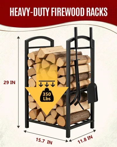 Miniatura 4 de Breeze Touch Estante de leña de 29 pulgadas con 4 herramientas para chimenea, soporte de troncos resistente de 5 piezas para chimenea