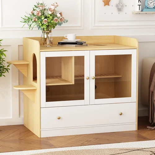 Miniatura 8 de Mueble extra grande con caja de arena oculta para gatos, gabinete para casa de gatos con escalera para 2, mesa auxiliar con cajón grande para sala