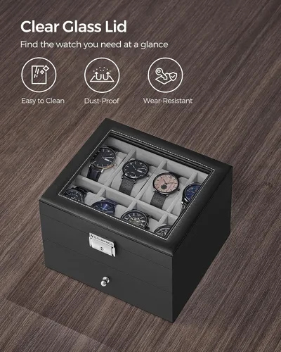 Miniatura 5 de SONGMICS Caja de reloj de 16 ranuras, caja de reloj con tapa de vidrio, 2 capas, vitrina de reloj con cerradura, cuero sintético negro, forro gris