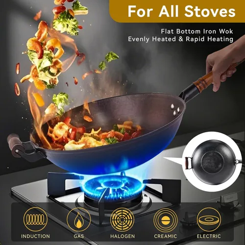Miniatura 4 de WANYUANJI Wok de hierro fundido, wok de fondo plano de 12.59 pulgadas con tapa de vidrio, adecuado para todos los fogones, olla de artesanía