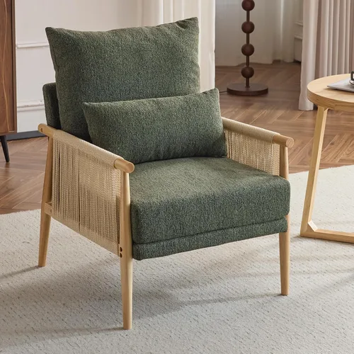 Miniatura 9 de Karl home Acogedora silla decorativa de felpilla con almohada lumbar y brazos de ratán, silla moderna para sala de estar, dormitorio, rincón de Azul