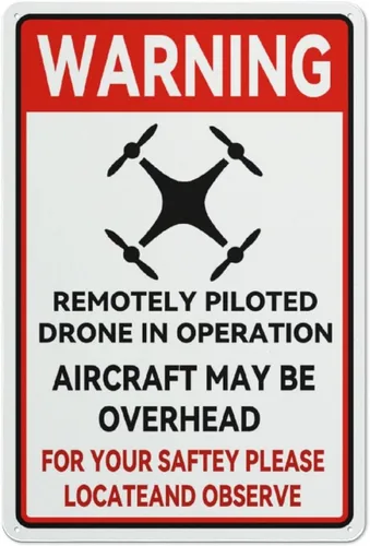 FOSHIN Letrero de metal de advertencia de drone en operación avión sobre la cabeza de la lata de metal de la lata del hogar bar decoración de la