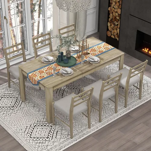 Miniatura 16 de Juego de mesa de comedor de madera de 7 piezas, mesa extensible multifuncional con hojas de 12 pulgadas y 2 cajones, 6 sillas de comedor con cojín