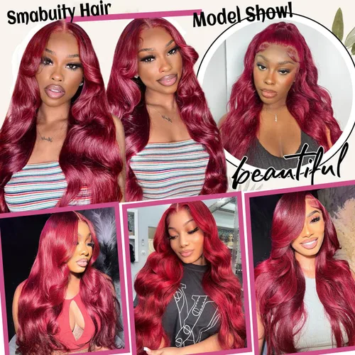 Miniatura 6 de Smabuity Pelucas de cabello humano con encaje frontal color borgoña 99J, peluca de cabello humano rojo burdeos, pelucas de encaje frontal HD de 13 x