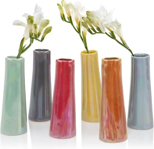Chive - Juego de 6 floreros cilíndricos pequeños de cerámica de 1.5 pulgadas de ancho y 5.5 pulgadas de alto, florero floral decorativo único de una