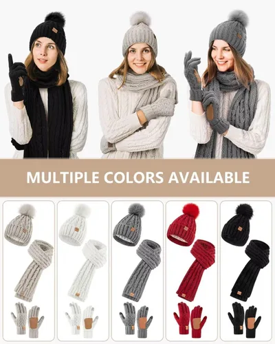 Miniatura 6 de Conjunto de gorro y bufanda para mujer, gorro de invierno con forro polar con pompones, bufanda de punto larga, guantes para pantalla táctil
