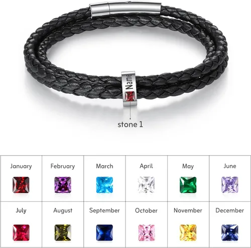 Miniatura 19 de Pulsera personalizada para el Día del Padre para hombre, pulseras personalizadas de cuero trenzado negro con cuentas grabadas de 1 a 8 nombres