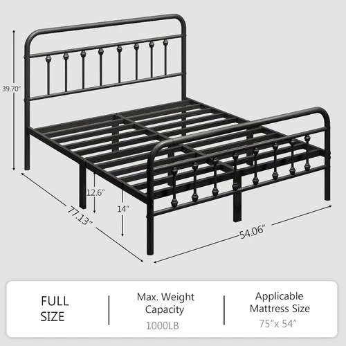 Miniatura 2 de zunatu Marco de cama de plataforma de metal tamaño completo/cabecero y pie de cama de estilo victoriano/soporte de listones de acero/montaje