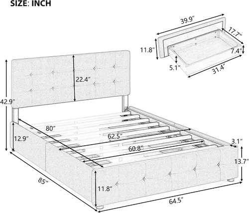 Miniatura 3 de XIONGGG Cama de plataforma tapizada, tamaño Queen, base de cama con 4 cajones y cabecero, soporte de listones de madera, no necesita somier