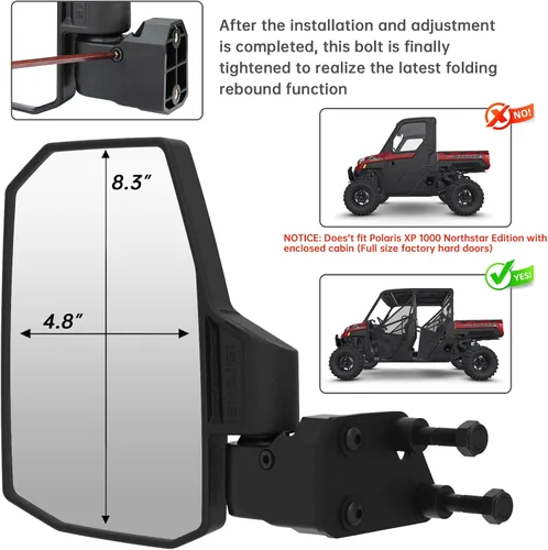 Miniatura 4 de SHEJISI Espejos laterales UTV con pilar A compatibles con Polaris Ranger XP 1000/Ranger Crew XP 1000 2018-2025, su función de resorte permite un
