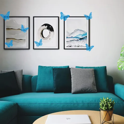 Miniatura 4 de Decoración de pared de mariposa 3D, 72 piezas, 3 estilos, 3 tamaños, mariposas azules para fiestas, cumpleaños, decoraciones de pasteles
