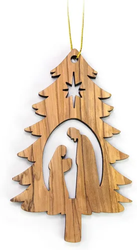 Miniatura 8 de Adornos de madera de olivo de Tierra Santa, adorno de pesebre de madera con bombilla 2D, pastores y ángeles, adornos de Navidad cristianos de 2 x 4