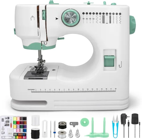 Máquina de coser para principiantes con 12 puntadas integradas, 6 pies incluidos, máquina de coser portátil con pedal de pie, velocidades altas-bajas