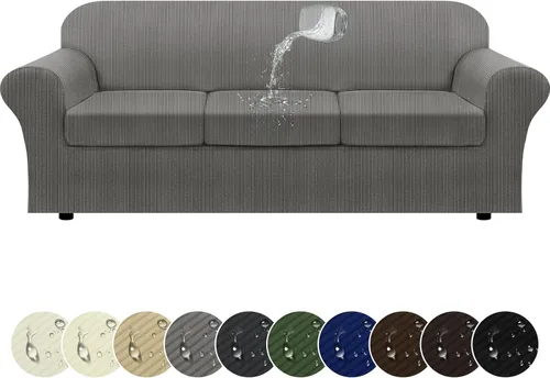 Miniatura 19 de Funda impermeable para silla con brazos, juego de 2 piezas, funda a rayas para 1 sofá separado con cojín en T, fundas de sillón de tela