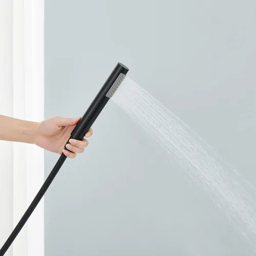 Miniatura 6 de Wowkk Grifo de Bañera Cascada Independiente Negro Montaje en Piso Relleno de Tina de Latón Grifo de Baño de Una Sola Manija con Ducha de Mano