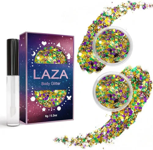 Miniatura 15 de Laza Purpurina corporal, 2 tarros de lentejuelas gruesas holográficas con pegamento de purpurina, perfecto para mujeres, sombra de ojos, maquillaje