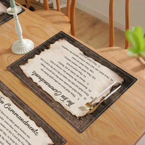 Miniatura 5 de Juego de 4 manteles individuales de los 10 mandamientos, manteles religiosos de los 10 mandamientos lavables de doble cara para cocina, comedor