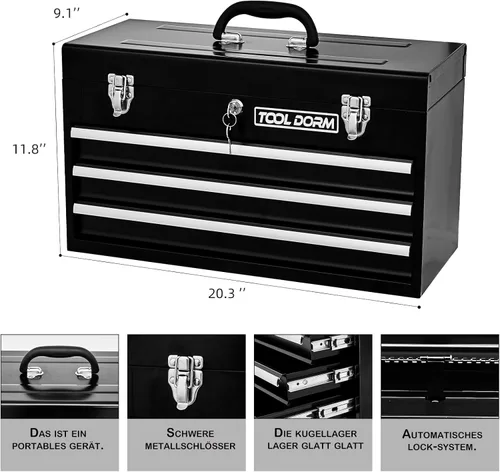 Miniatura 2 de Caja de herramientas de metal de 20.3 pulgadas con cajones, caja de herramientas de acero portátil con forro protector y cierre de pestillo y Negro